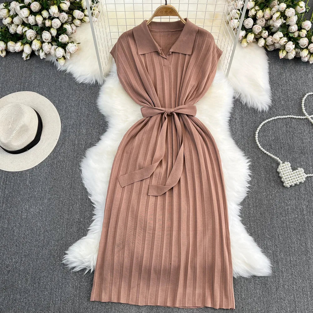 Dress Women Long Dresses Knitted Lace Up Tight Waist Polo Neck Solid Slim Fit Short Sleeve Vestidos Elegant Splice Summer