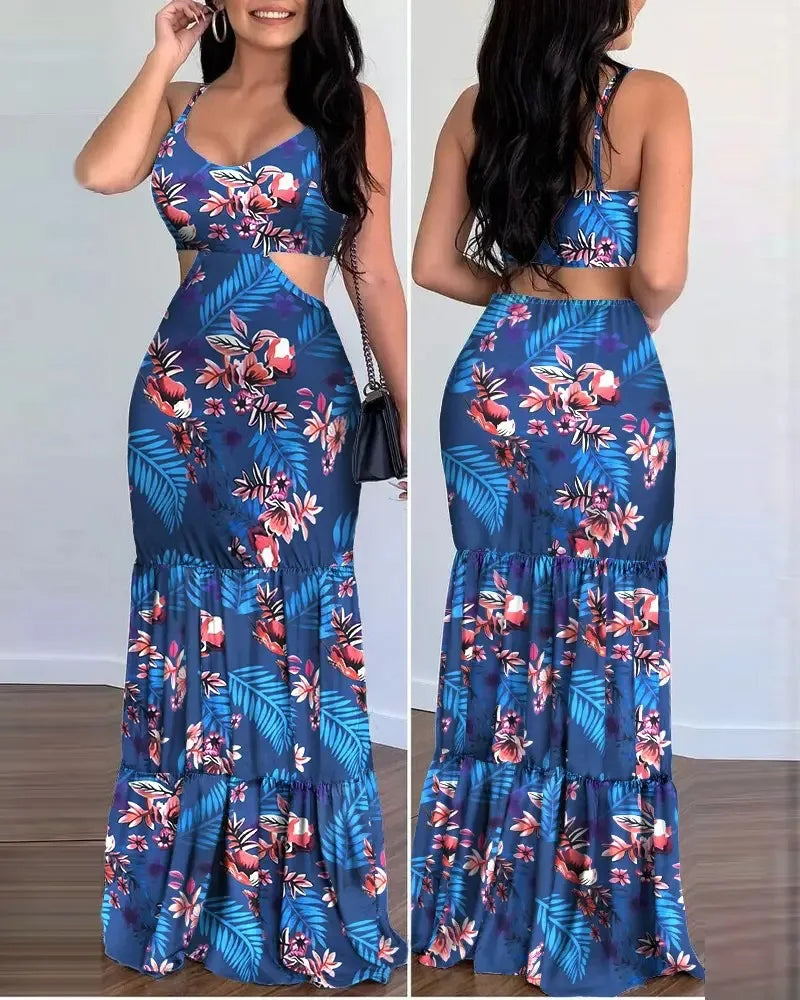 Women Dress Camisole Long Dresses Print Folds Sleeveless Slim Fit V Neck Elegant A Line Splice Vestidos Beach Summer 2024