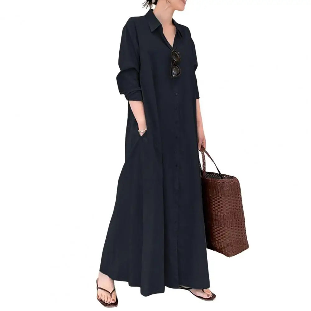 Loose Cut Button Closure Dress Spring Maxi Dress with Turn-down Collar Single-breasted Long Sleeve Ankle Length Women's Loose