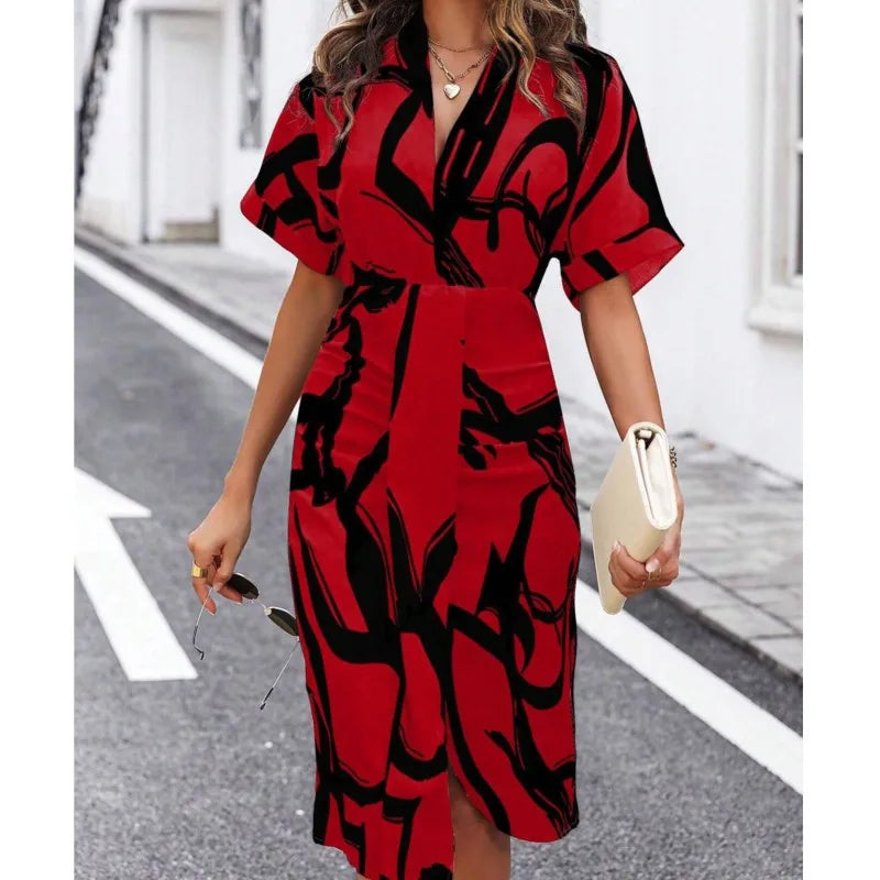 2024 Summer Fashion Printed V Neck Short Sleeved Slim Fit Dresses for Women Elegant Irregular Hips Wrap Female Office Midi Dress