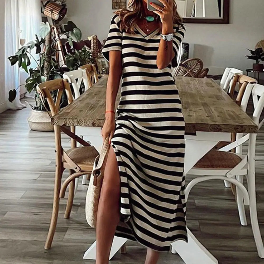 Summer Dresses 2023 Woman Plus Size Dresses For Women Casual Stripe Print V-neck Short Sleeve Loose Long Dress Robe Femme