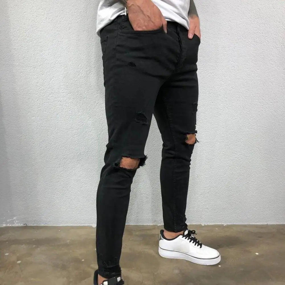 Men's Jeans Streetwear Ripped Skinny Hip Hop Man Fashion Estroyed Oversize Pants Solid Color Male Stretch Casual Denim Trousers