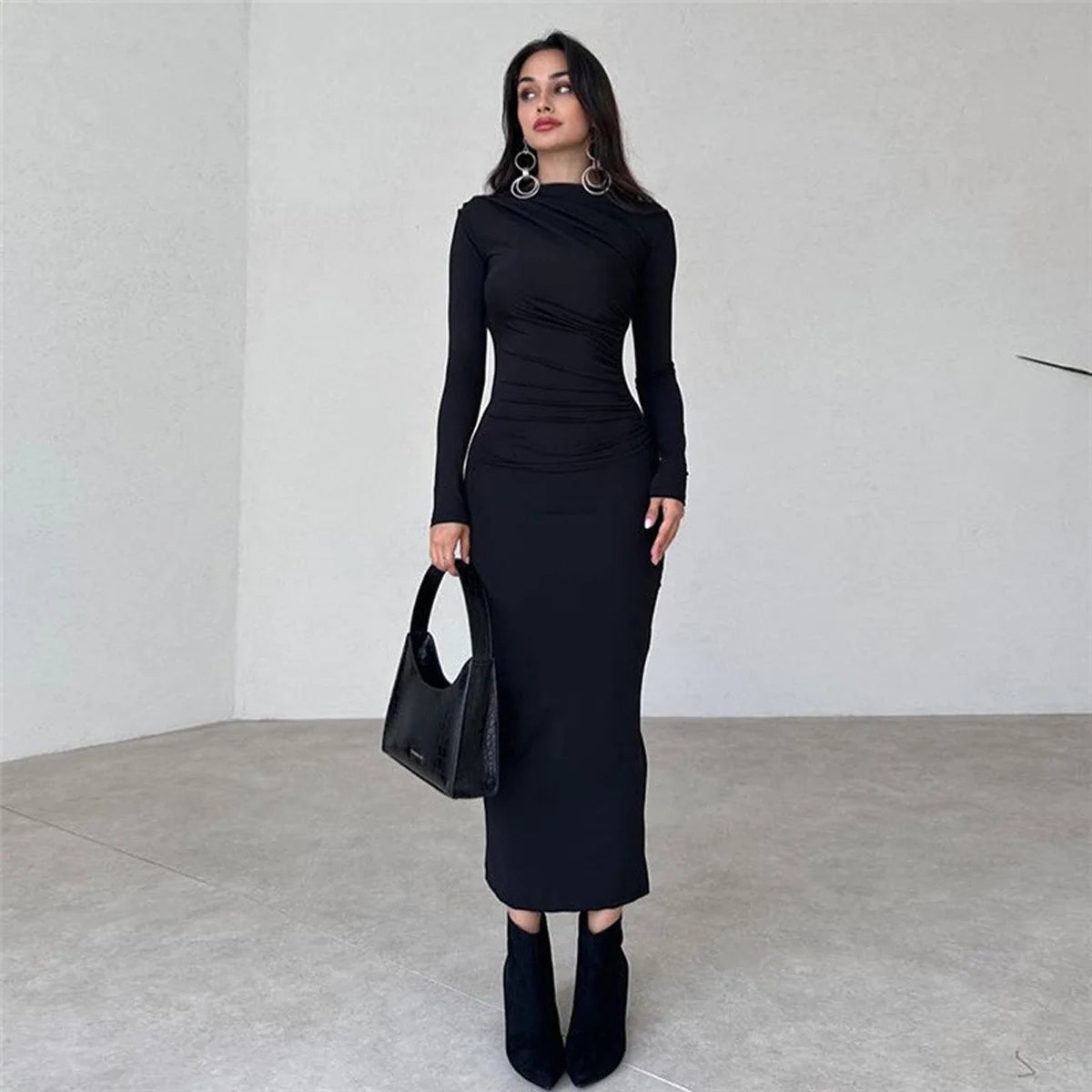 2024 Spring and Autumn New European and American Asian Style High End Solid Color Temperament Long Hip Bag Dress for Women