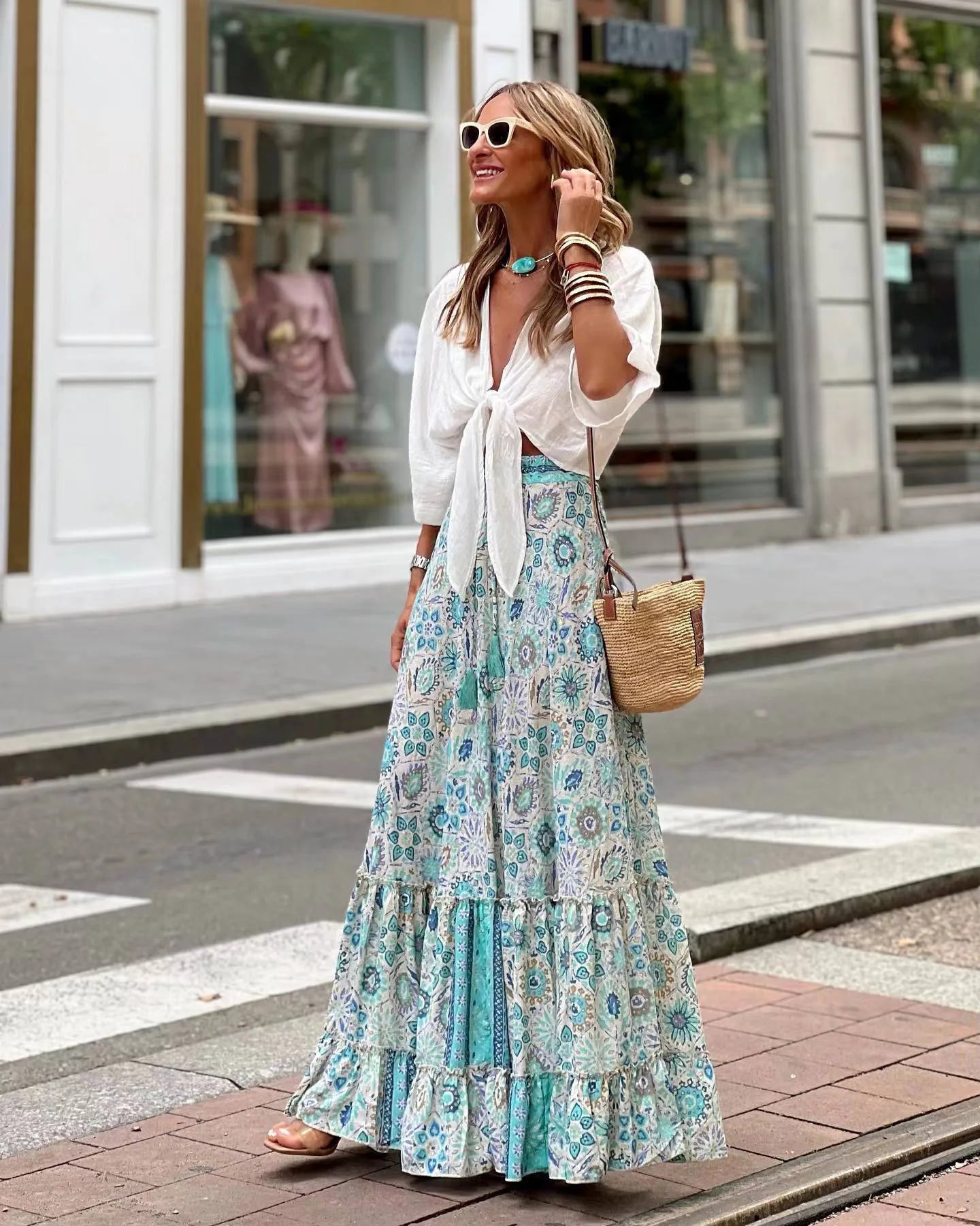 Ladies' Vacation Style Printed Skirt Long Skirt Summer Autumn New 2024 Oversized High Waisted Lace Up Elegant Ladies' Skirt