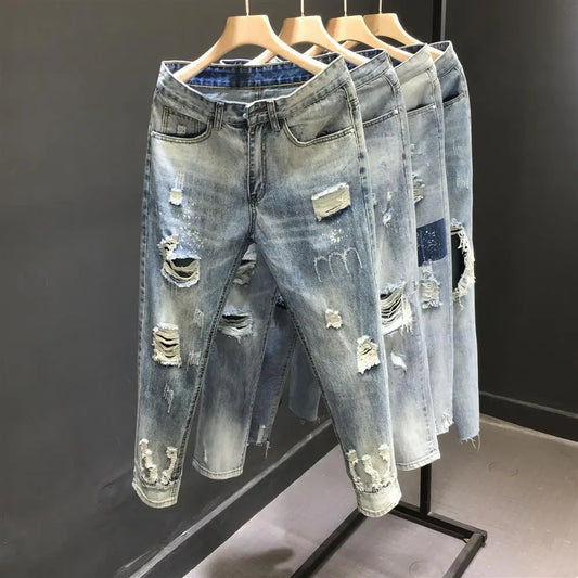 Fashion 2024 New Men's Casual Jeans Distressed Ripped Designer Luxury Boyfriend Spring Autumn Denim Slim Full Length Pants