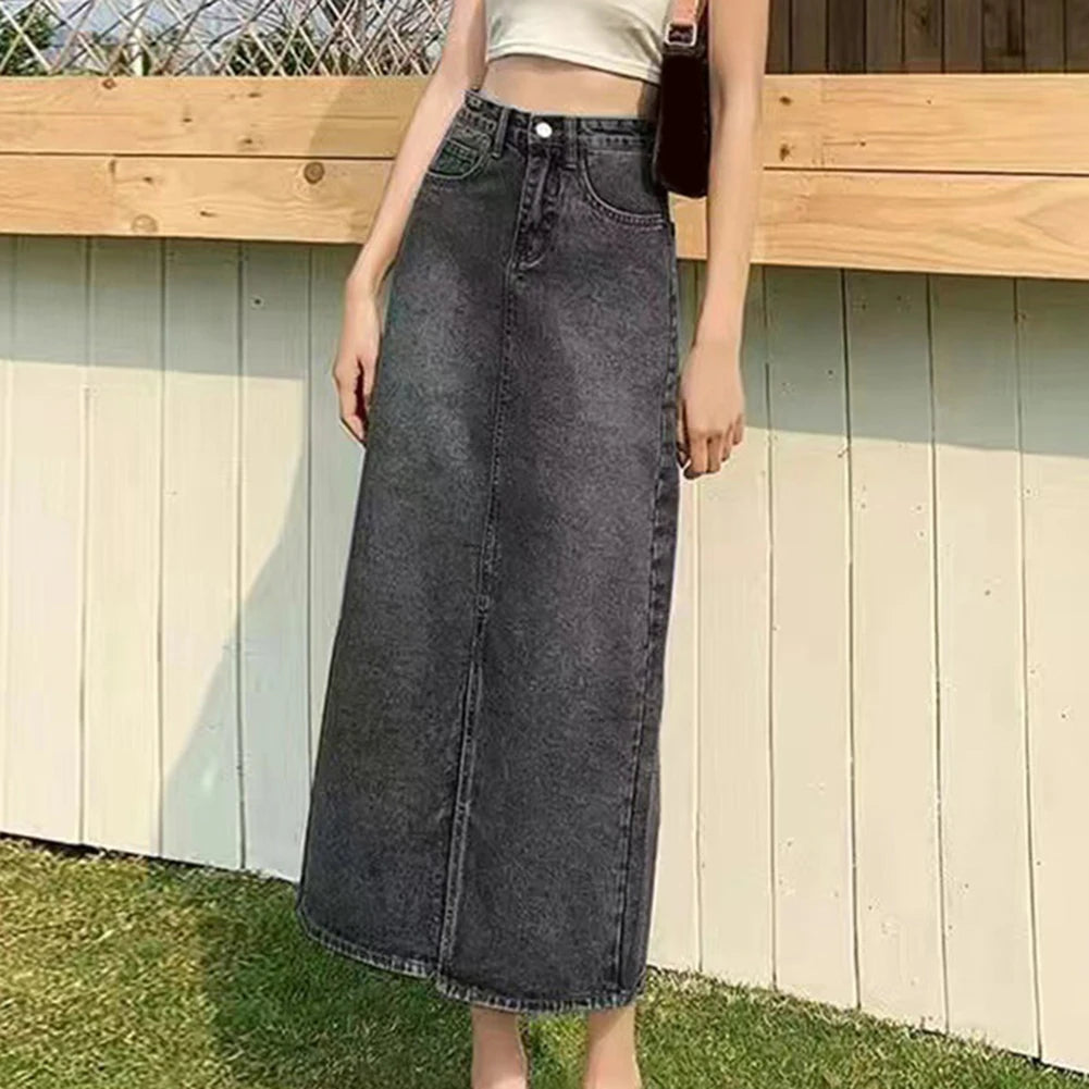 Women's Long Denim-Skirts High Wasit Jeans Skirt Straight Side Split A-line Pencil Skirts Lady Hip-covering Straight Long Skirt