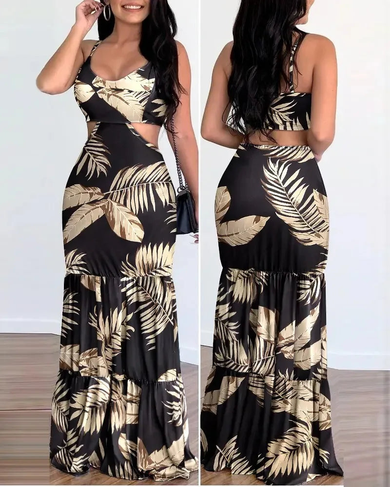 Women Dress Camisole Long Dresses Print Folds Sleeveless Slim Fit V Neck Elegant A Line Splice Vestidos Beach Summer 2024