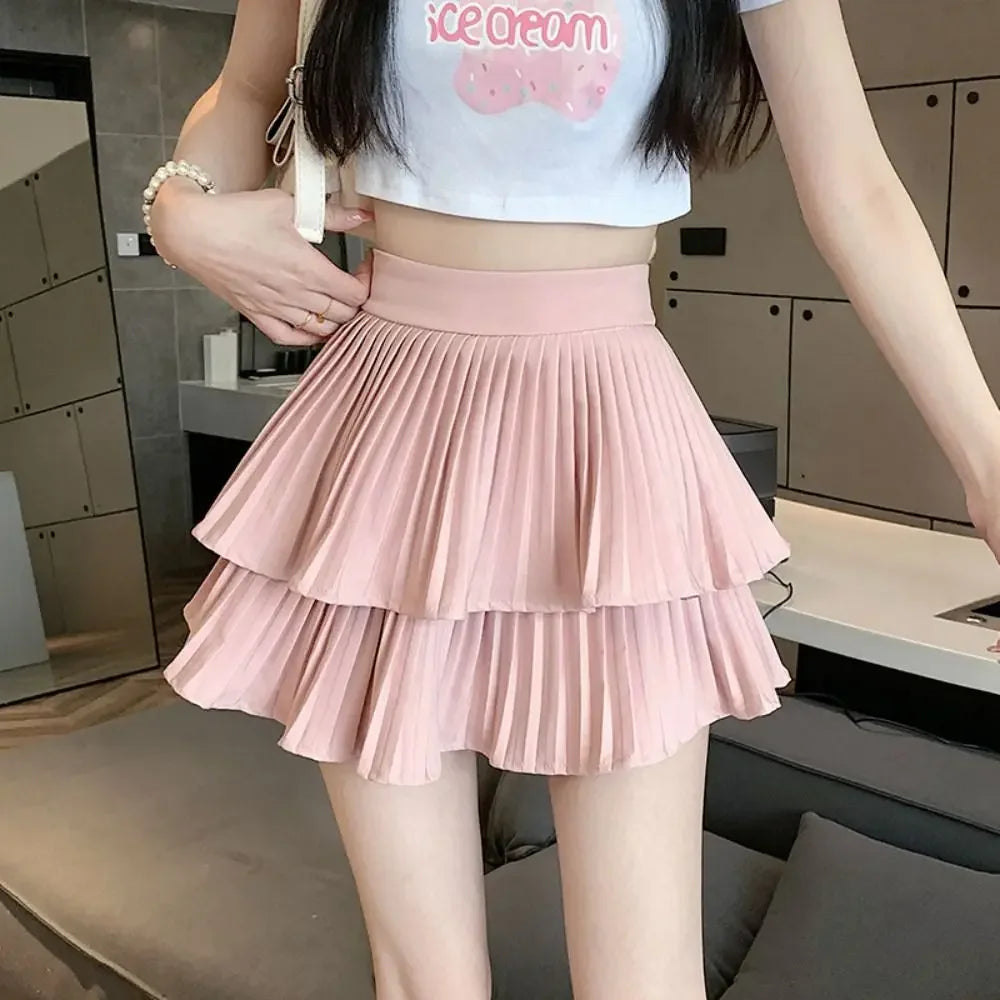 Double Layer Cake Skirt Fashion Summer High Waist Short Skirt Built in Shorts Black Tennis Skirt