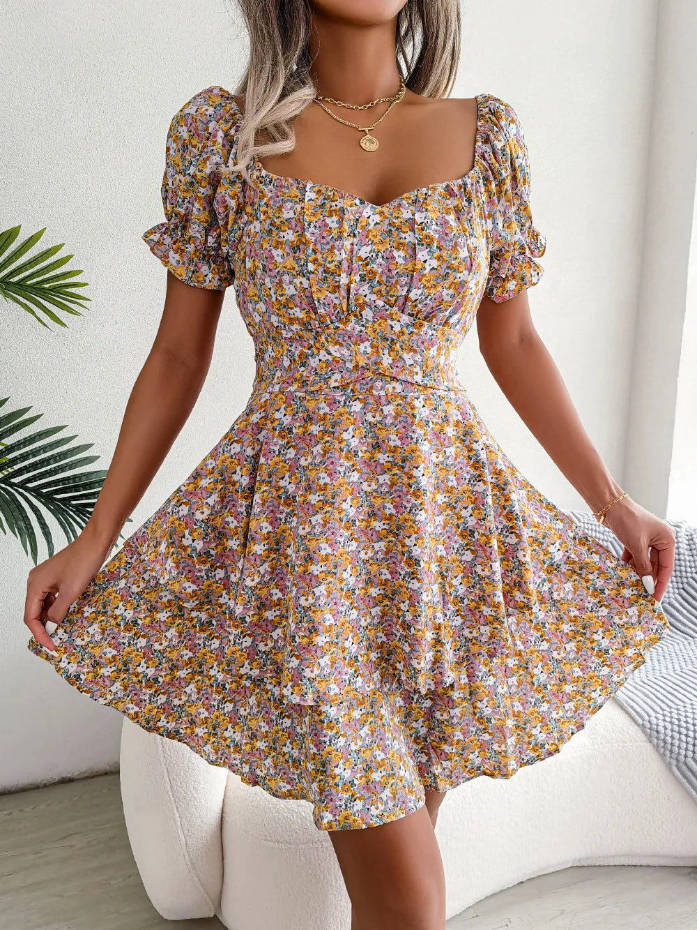 Dress For Women Summer Temperament, Sexy Square Neckline, Floral Pattern, Waist Cinching, Big Swing, Short Skirt Dress For Women