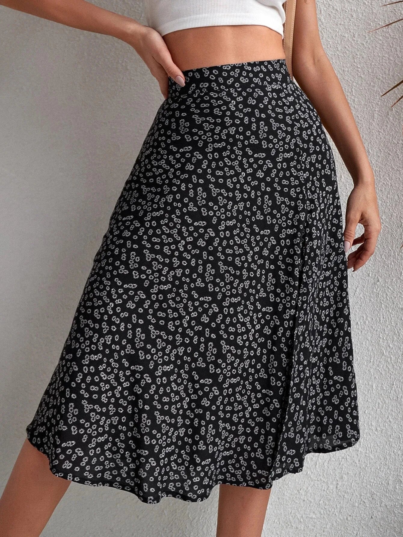 Elegant Printed Skirt Women Sexy Split Mid Skirt Summer Every Day Solid Color Dress Robe