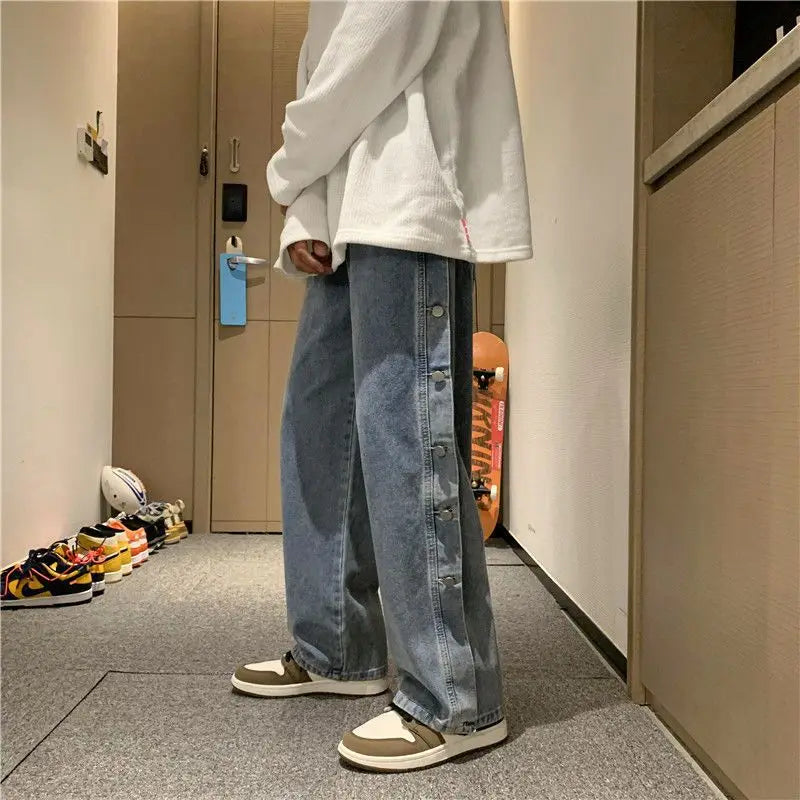 Men's baggy jeans, a tousled waist, classic solid color, buttons and wireleg pants, men buckle pants Korean fashion