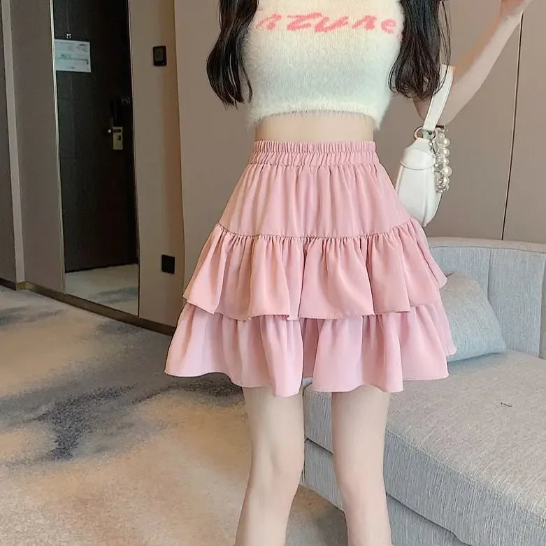 2024 New Ruffled Cake Skirts Women High Waist A-line Solid All-match Sweet Lovely Girl Korean Gentle Spring Kawaii Casual Skirts