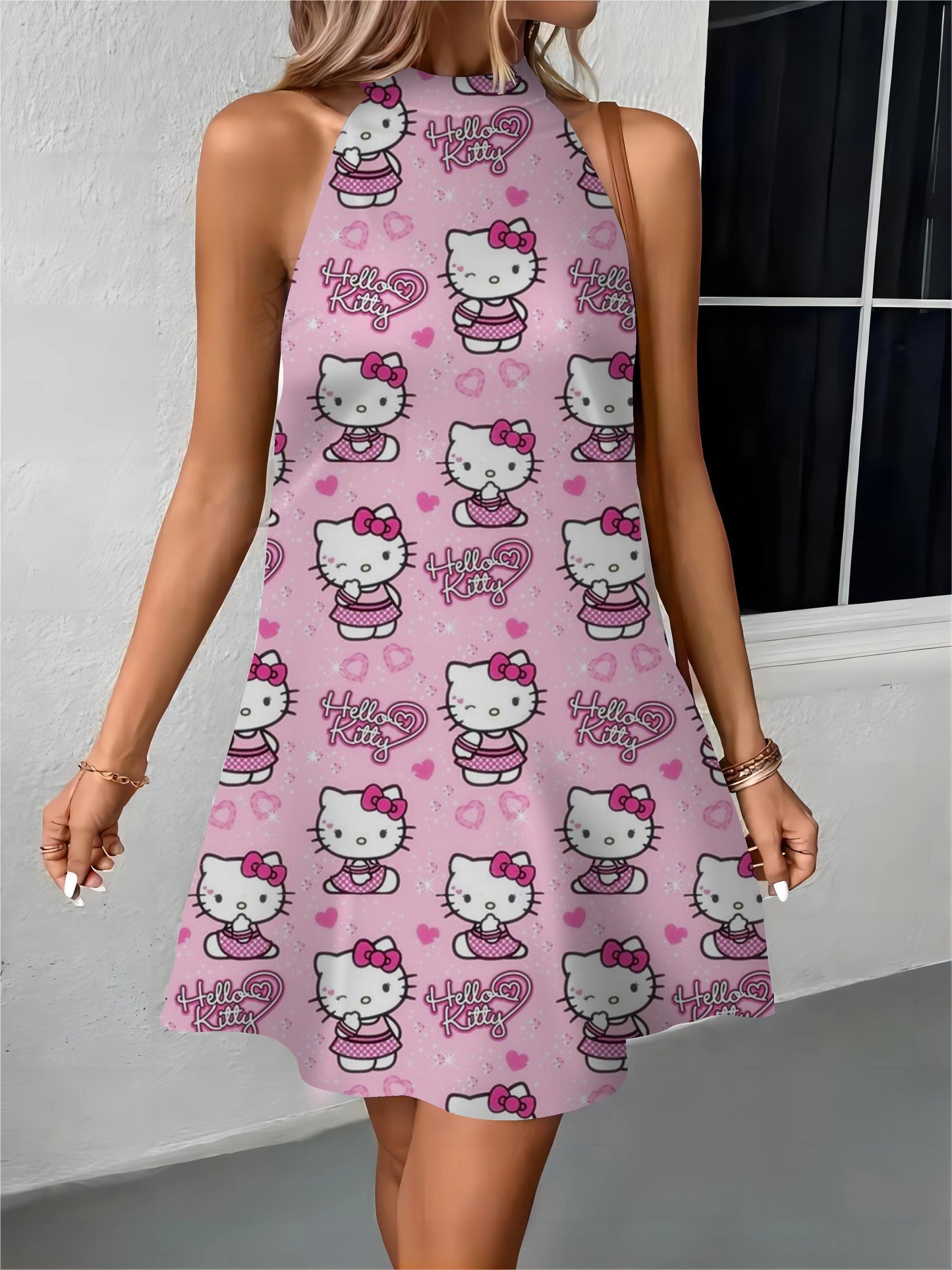 Beach Female Women's Dress Off Shoulder Midi Dresses Hello Kitty Bow Knot Apron Womens Fashion Summer 2024 Elegant Party Evening