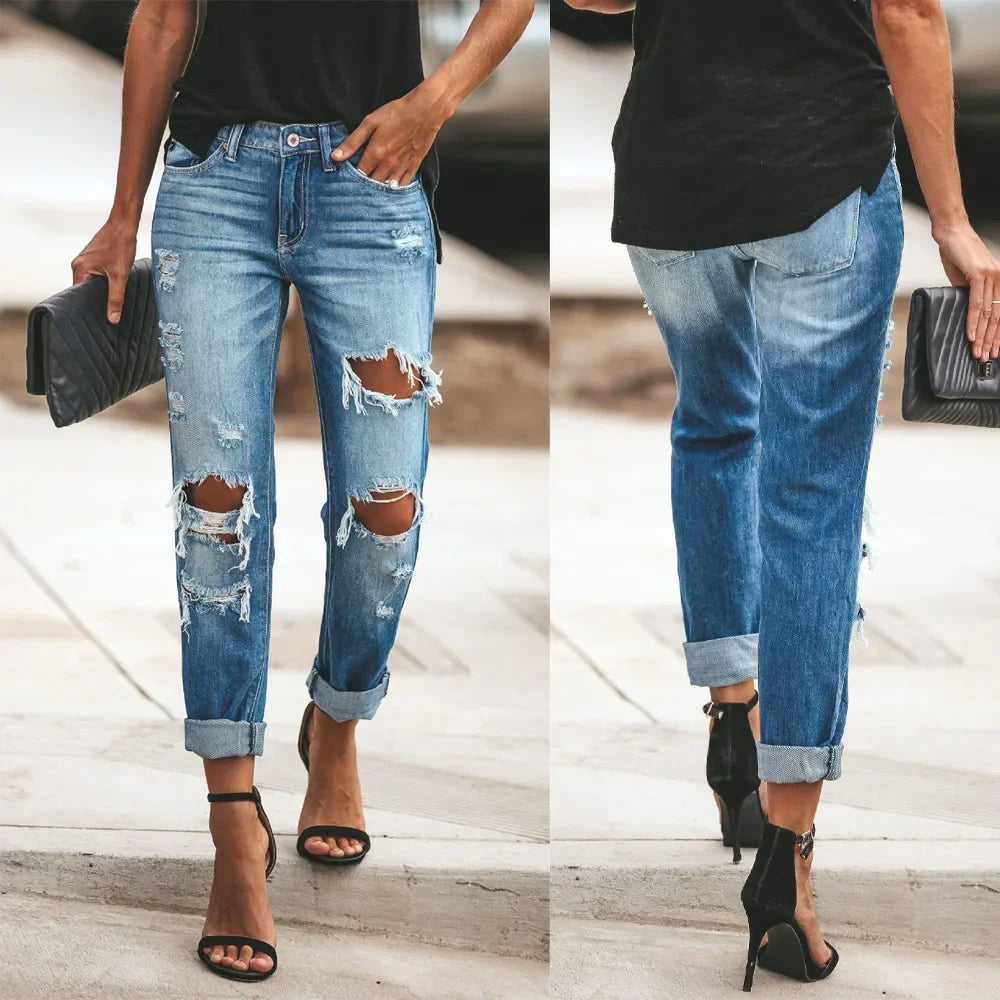 Europe and America Washed Ripped Straight Leg Jeans,Women's Spring Summer Street Style Casual Bleached Long Jeans, Spring Summer