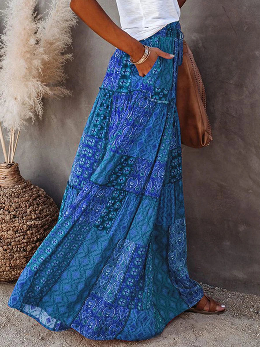 Women Bohemian Long Skirts Vintage Long Maxi Elastic High Waist A-Line Skirts Tiered Long Skirts with Pockets Beachwear Skirt