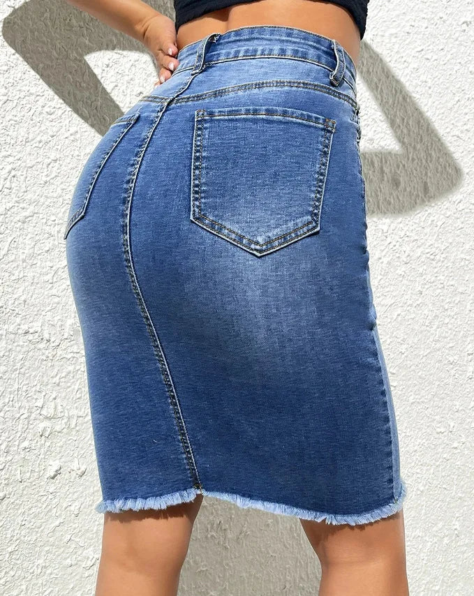 Skirts Women Denim Skirt Mid Length Slim Fit Solid High Waist Casual Regular Elegant Splice Hip Wrap Button Pocket Summer