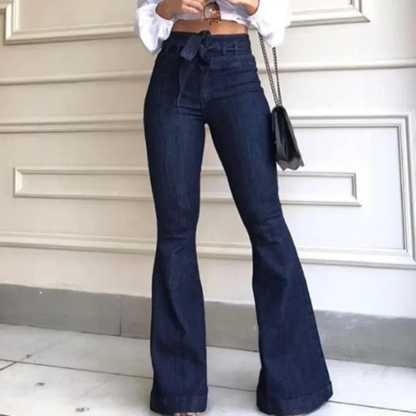 Mom Jeans Women Flare Pants Zipper Fly Flat Pockets Streetwear Denim Work Elegant Bodycon Slight Strech Belt High Waisted Jeans