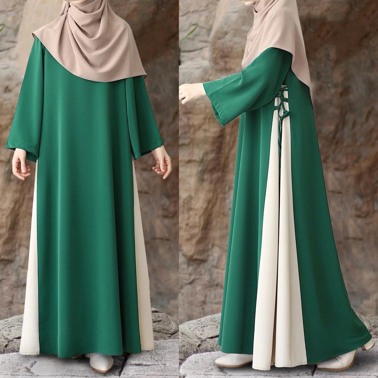 Muslim Women Modest Long Dress Patchwork Drawstring Arab Robe Vestidos Jalabiya Dubai Saudi Abayas Morocco Eid Ramadan Dresses