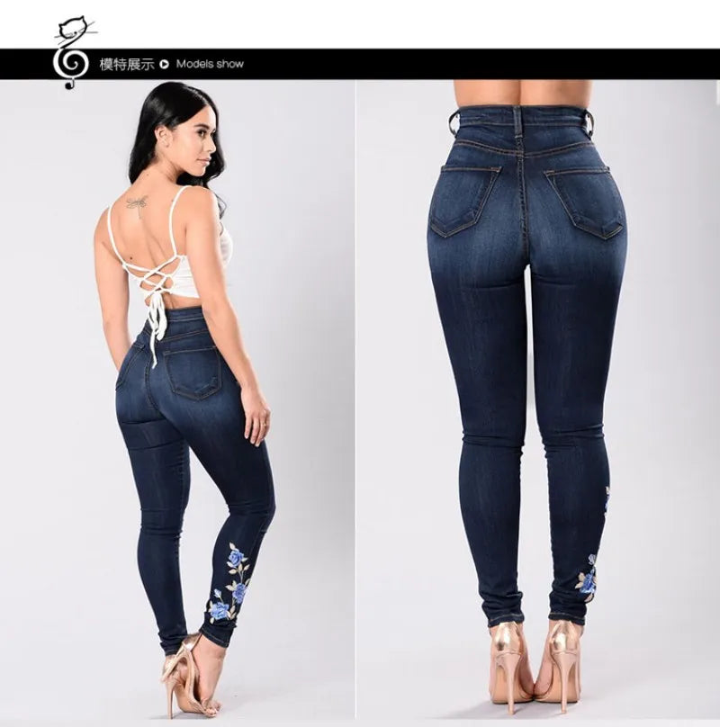 2023 New Women's High Waist Embroidered Jeans Fashion Slim Stretch Denim Pencil Pants Street Trendy Trousers S-3XL Drop Shipping