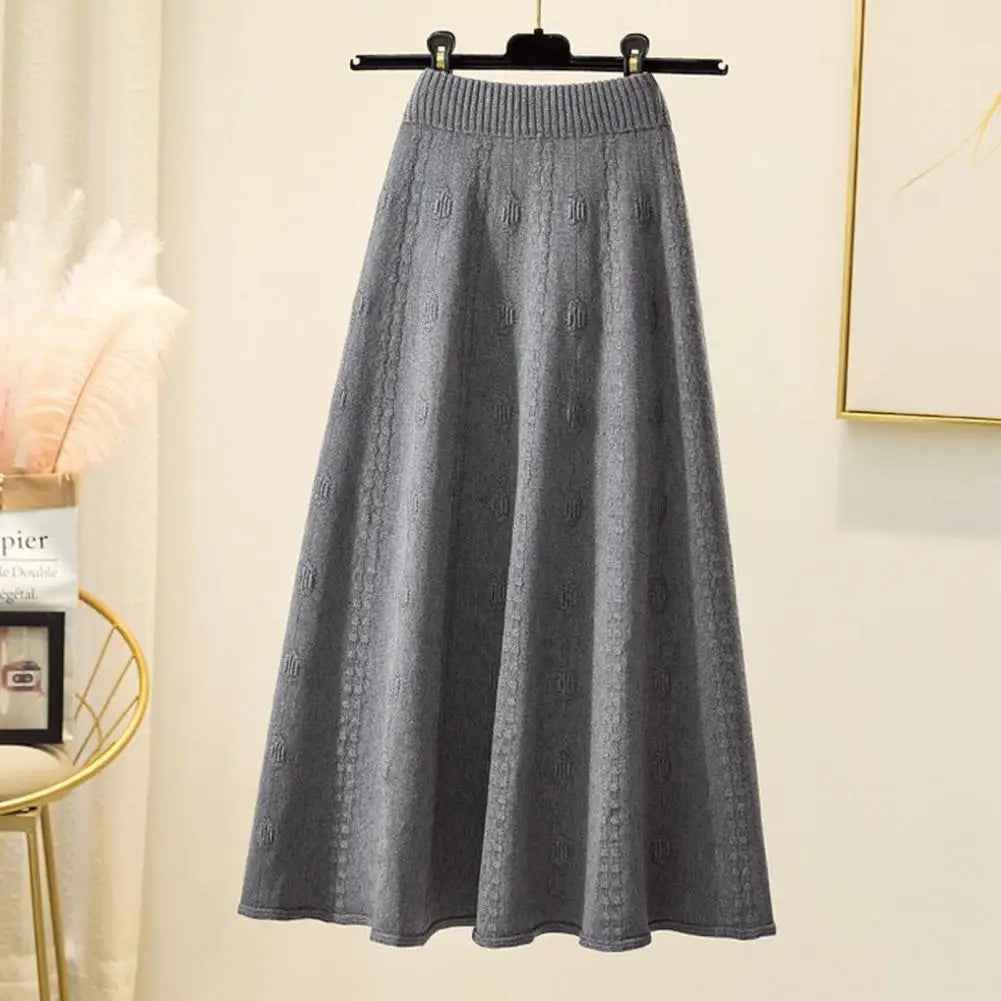 Casual Knit Skirt Large Hem Skirt Elegant Women's Knitting Skirt with High Waist A-line Design Solid Color Jacquard for Autumn