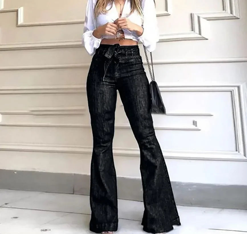 Mom Jeans Women Flare Pants Zipper Fly Flat Pockets Streetwear Denim Work Elegant Bodycon Slight Strech Belt High Waisted Jeans