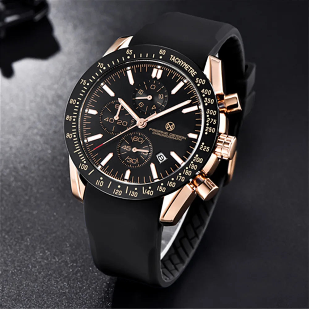 PAGRNE DESIGN Luxury Fashion Sport Men's Quartz Watch Stainless Steel Multifunctional Chronograph 44mm Waterproof 30m Wristwatch