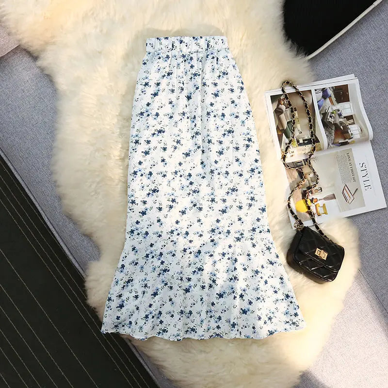 Women Floral Irregular Fishtail Skirt Summer High Waisted Slim Shirring Loose Lacing Casual All-match Lady Chiffon Skirt Fashion