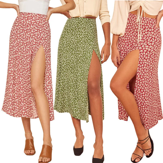 Women's High Waist Leopard Floral Polka Dot Printed High Waisted Stretchy Split Long A-line Skirt for Spring and Summer Season