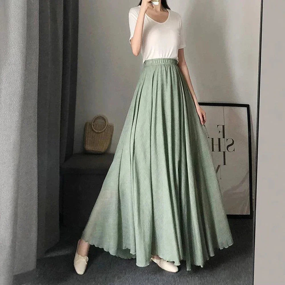 Casual Cotton Linen Effect Pleated Midi Skirt Ladies Elastic Waist A-line Wave Sun Skirt Women Black White Solid Elegant Skirts