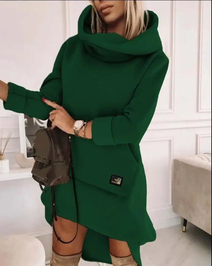 Woman High Neck Long Sleeve Sweatshirt Casual Dress Temperament Commuting Women's Clothing New Autumn Mini Simple Female Dresses