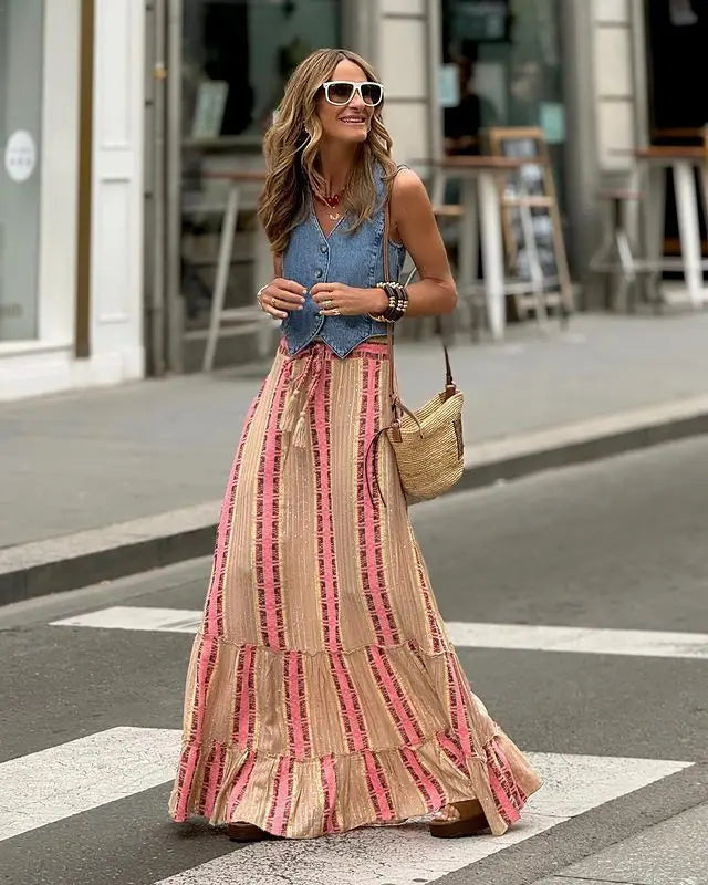 Ladies' Vacation Style Printed Skirt Long Skirt Summer Autumn New 2024 Oversized High Waisted Lace Up Elegant Ladies' Skirt