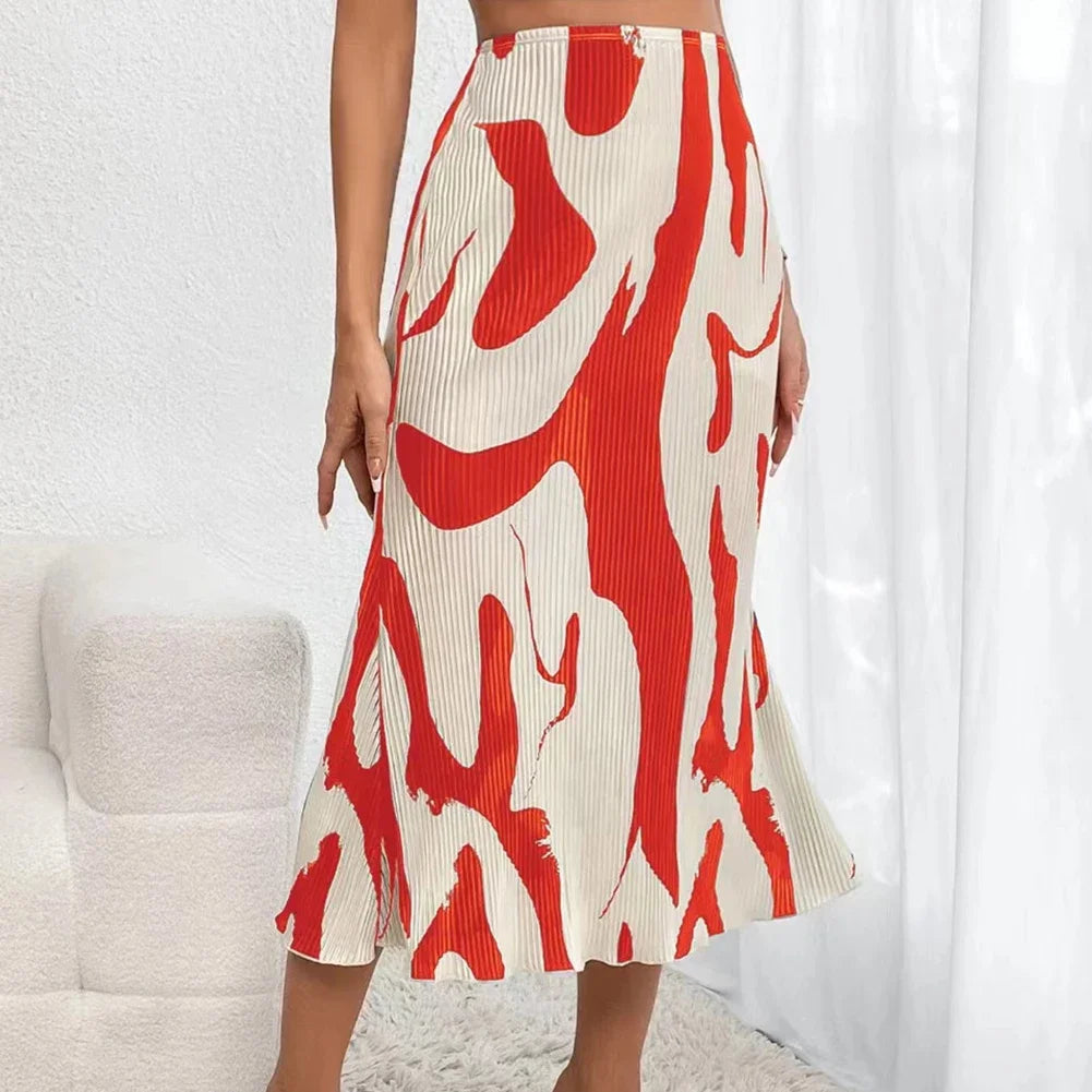 Summer New Women Printed Skirt Elegant Geometric Red Blue Dark Gray Retro Half Skirt Fashion Slim High Waist Beach Skirt