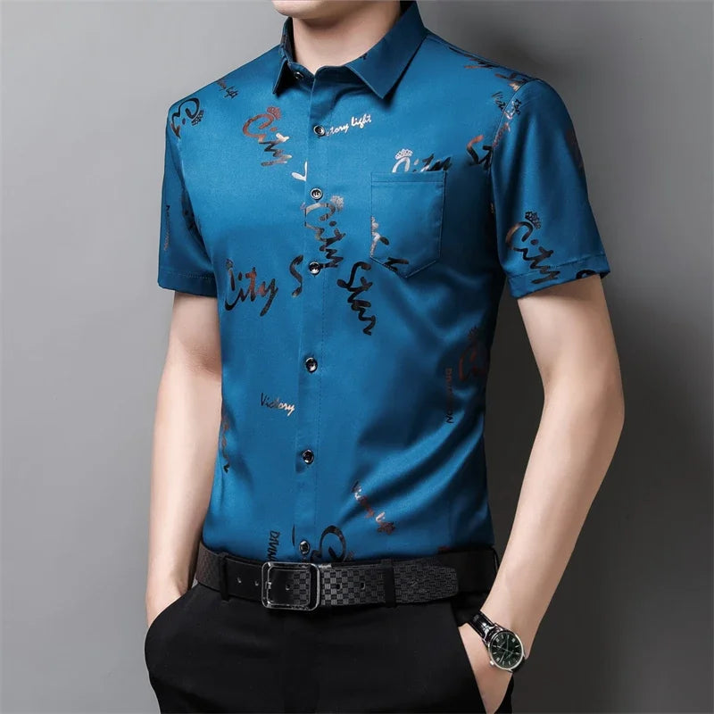 Men's Casual and Fashionable Short Sleeved Printed Shirt Wrinkle Resistant Business Top Without Ironing