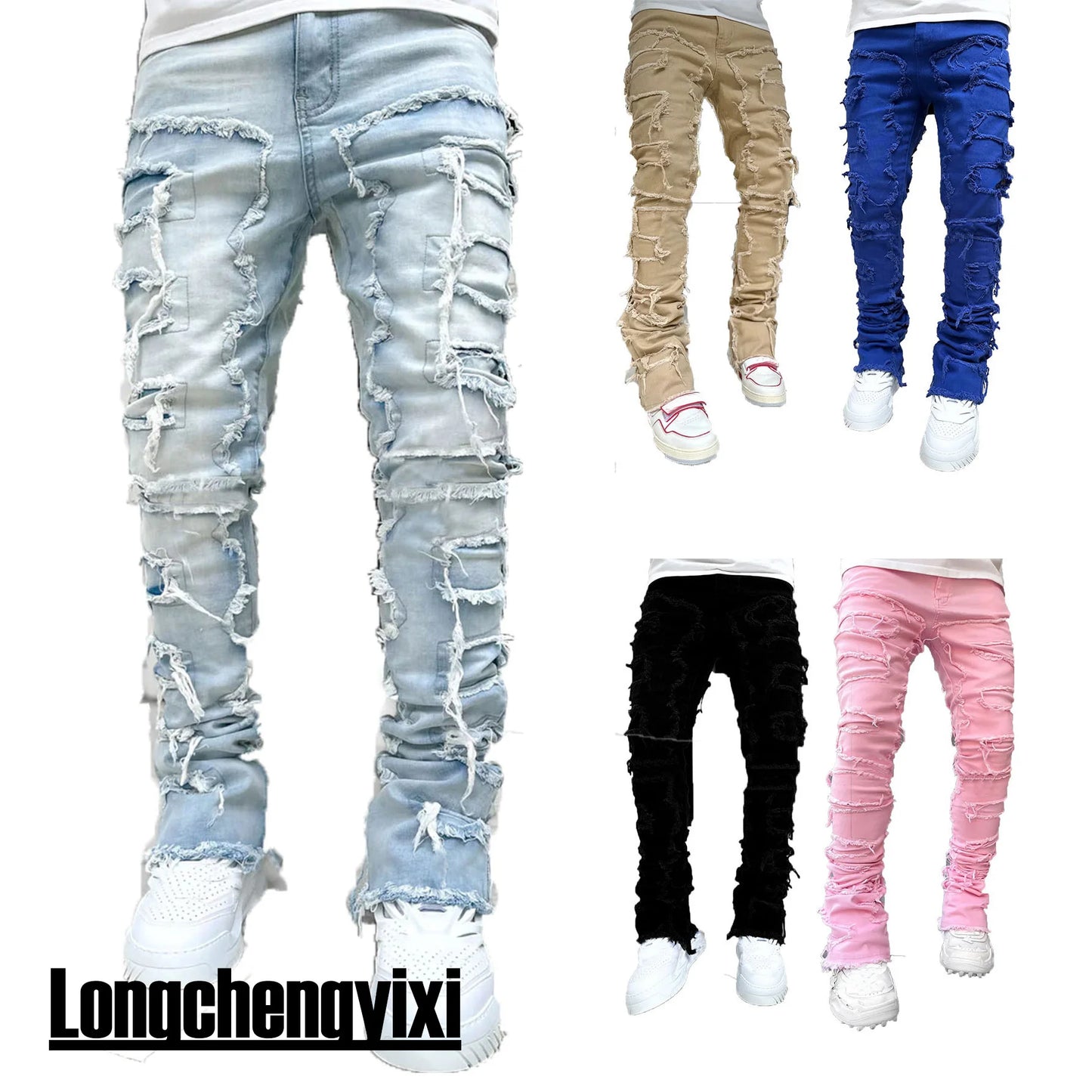 2025 New Fashion Purple jeans man with distressed hole patches Fashion Repair Low Rise Skinny Tassel Full Length Denim pants XXL