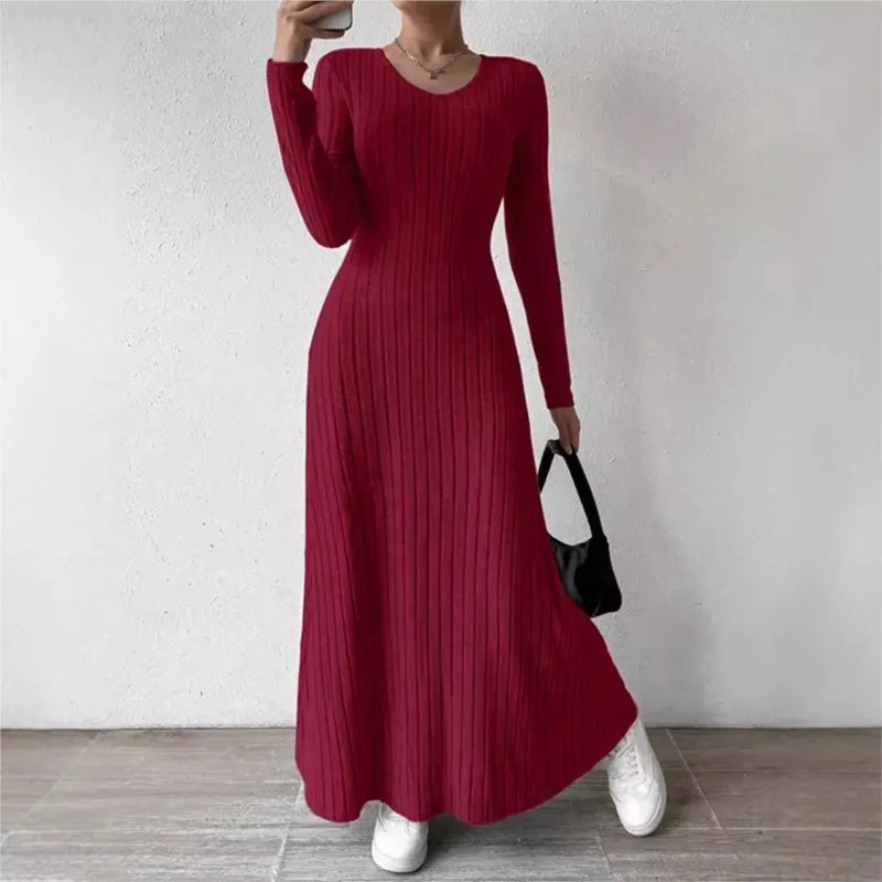 Autumn and winter knitted ribbed slim fit long sleeved A-line lady long skirt solid color Vneck tight skirt elastic knitted robe