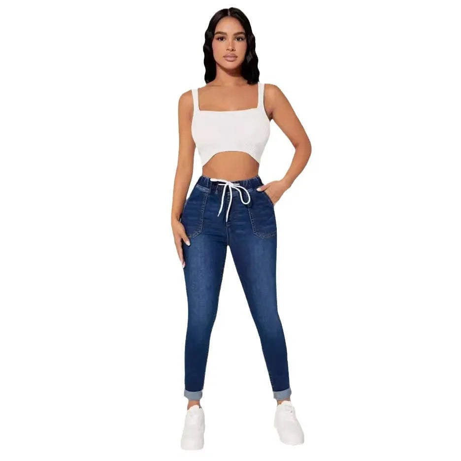 Stretch Pencil Pants Women High Waist Lace Up Distressed Denim Ankle Length Trousers Slim Denims 2024 Streetwear Vintage Jeans