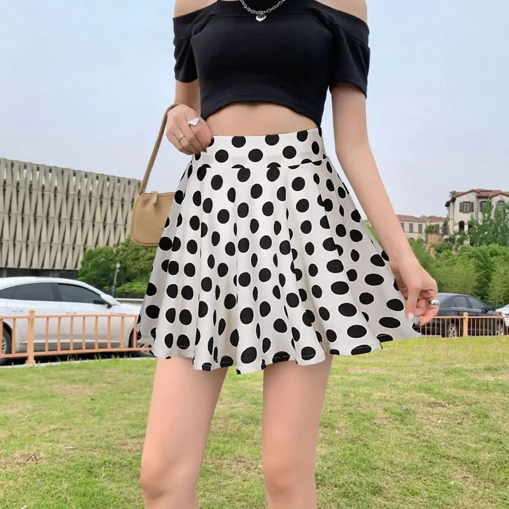 Elegant Women Summer Dot Printed Skirt Breathable Loose High Waist A-line Pleated Midi Skirt Fashion Party Skirt