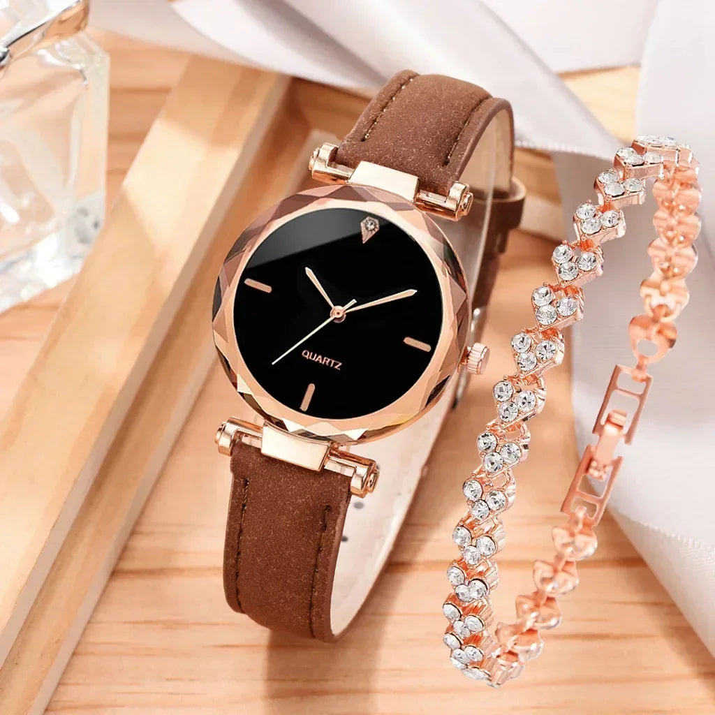 2024 Luxury Fashion Women Watch Set PU Leather Strap Ladies Quartz Wristwatch Rhinestone RoseGold Alloy Bracelet for Ladies Gift