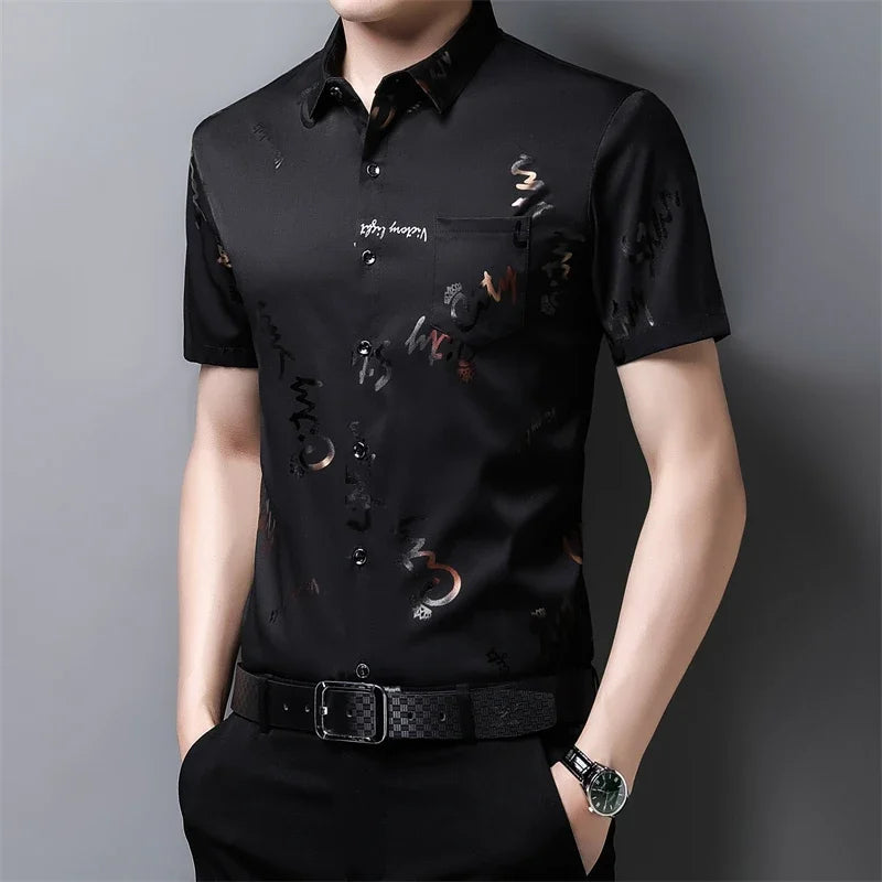 Men's Casual and Fashionable Short Sleeved Printed Shirt Wrinkle Resistant Business Top Without Ironing