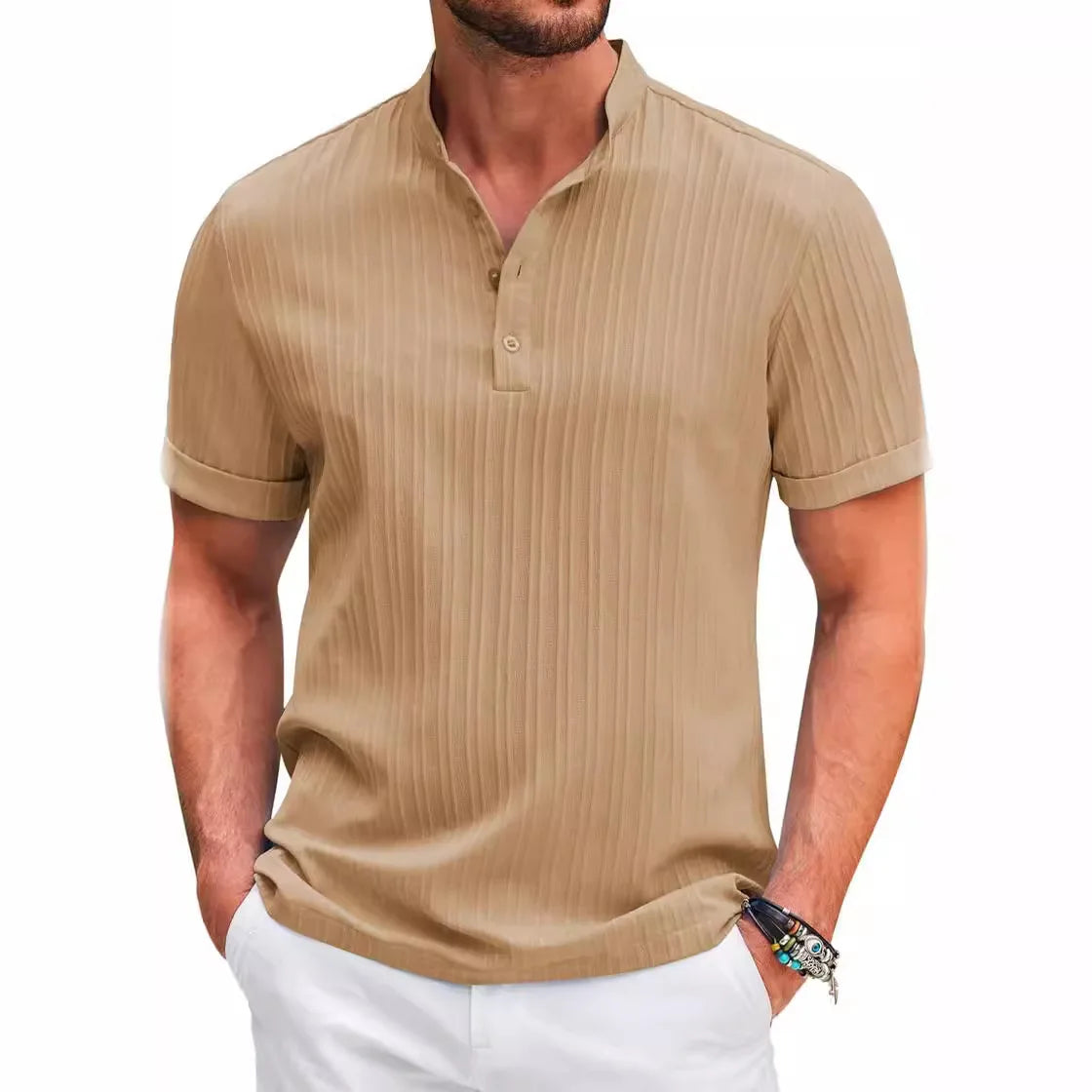 Men's New Summer Trend High-End Striped Casual Short-Sleeved Shirt High Quality Classic Stand Collar Comfortable Fashion sShort-