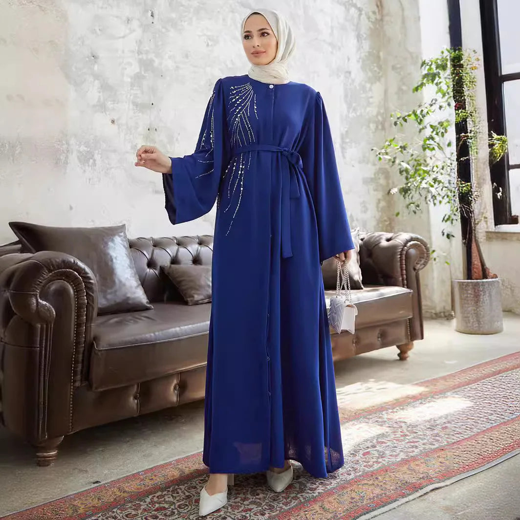 Mandylandy Abaya Middle Eastern Robe Women's Muslim Dress Turkey Dubai Caftan Islamic Clothing Beaded Hot Diamond Dress Abaya