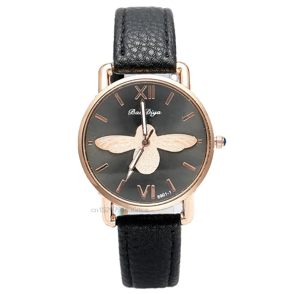 Fashion Casual Female Quartz Clock Simple Little Bee Design Women Watches Vintage Green Leather Ladies Luxury Wristwatches