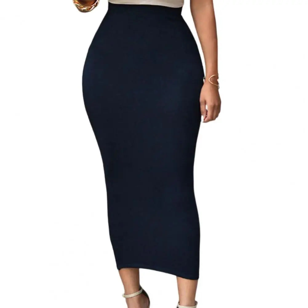 Women Skirt Solid Color Elastic Bodycon High Waist Dating Skirt Match Top Comfortable Mid-calf Length Sheath Skirt Women Garment