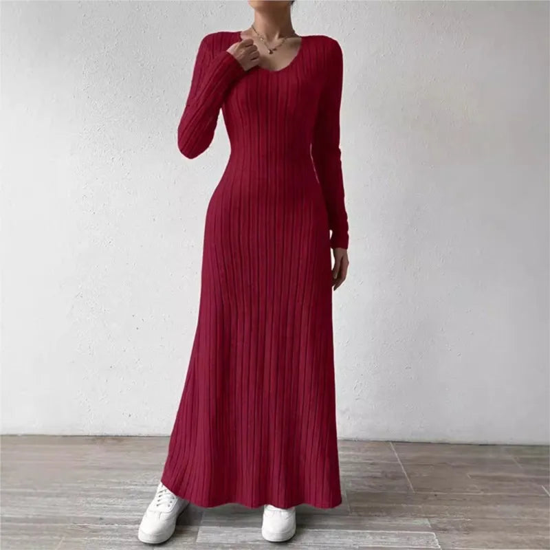 Autumn and winter knitted ribbed slim fit long sleeved A-line lady long skirt solid color Vneck tight skirt elastic knitted robe