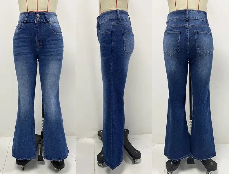 Jeans Flare Pant Women Denim Long Pants Bodycon Casual Y2k Elegant Vintage Button Pocket Straight Trousers Zipper Streetwear