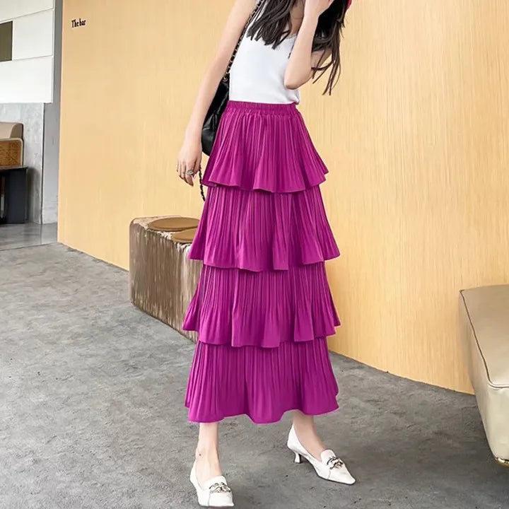 Color High-waisted Pleated Cake Skirt For Spring Summer Women 4 Layered Ruffles A-line Skirt Casual Solid