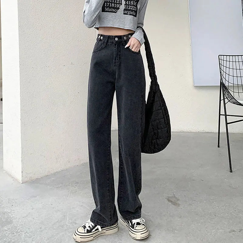 Washed High-waisted Straight Leg Jeans, Women's Loose Multi-button Adjustable Wide-leg Pants, Casual Retro Floor-length Jeans