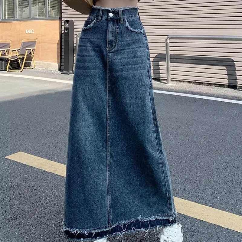 Summer Street Style Rough Edge Skirt Korean Version Women Retro Casual High-waisted A-line Skirt Temperament Loose Denim Skirts