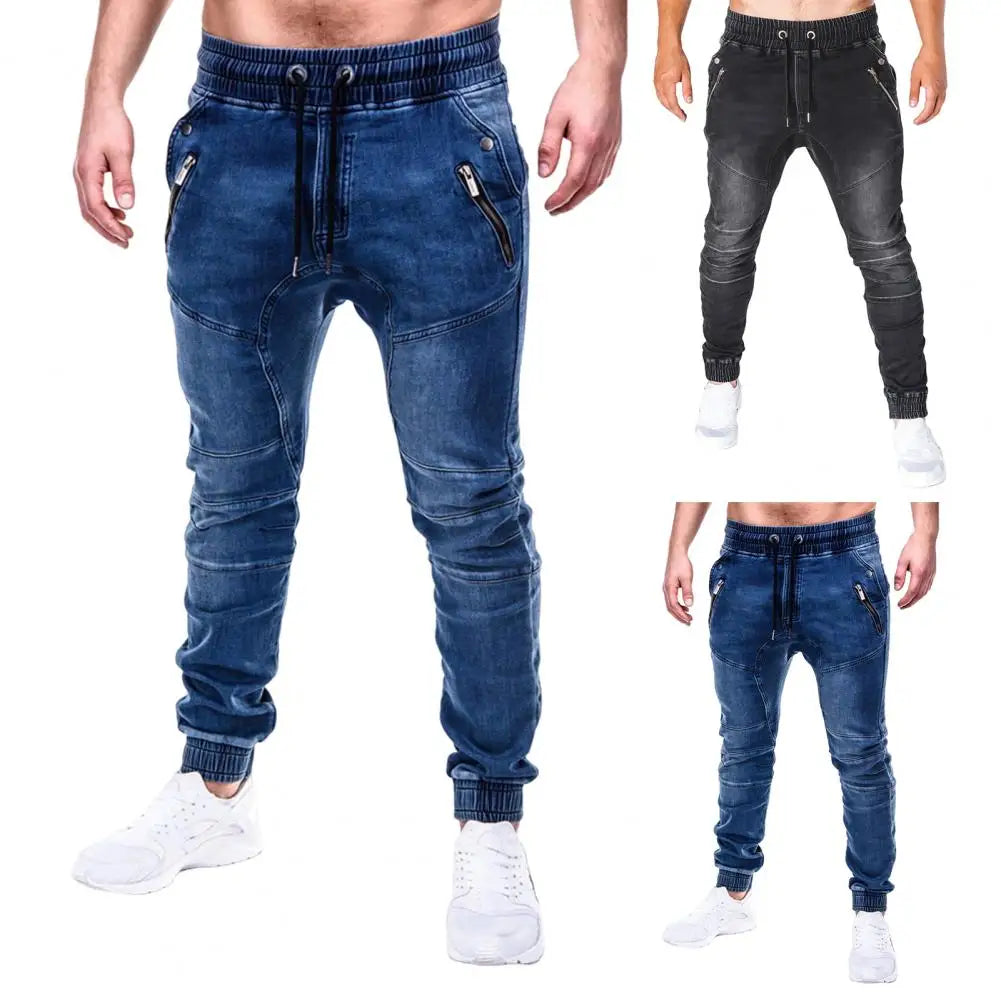 Men's Outdoor Summer Riding Jeans Motorpoof Jeans Skinny Jeans Fashion Pockets Denim Pencil Pants Ankle Tied Denim Trousers