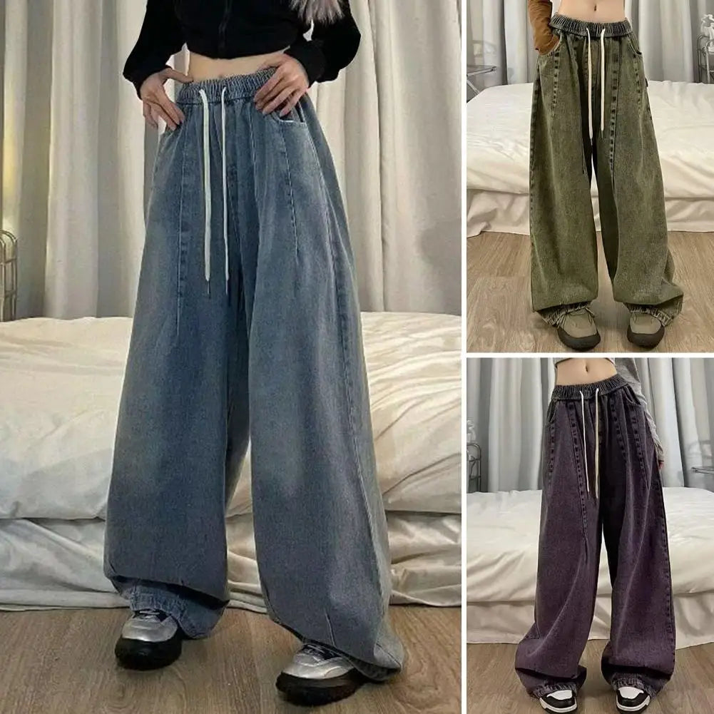 Two Side Pocket Jeans Vintage Wide Leg Denim Jeans with Elastic Waist Crotch Pockets for Women Hop Streetwear Fashion Statement